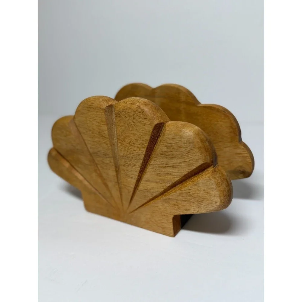 Vintage Myrtlewood Wooden Clamshell Napkin Holder Ocean Beach Nautical Seashell.